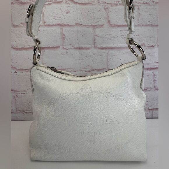 Prada Handbags - Prada Embossed Logo White Daino Vitello Shoulder Bag